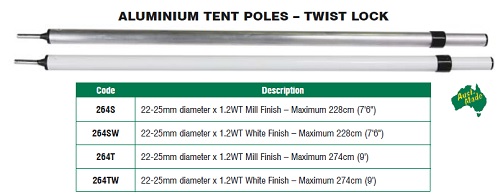 Tent Pole Aluminium 274cm Tent Pole with Twist Lock